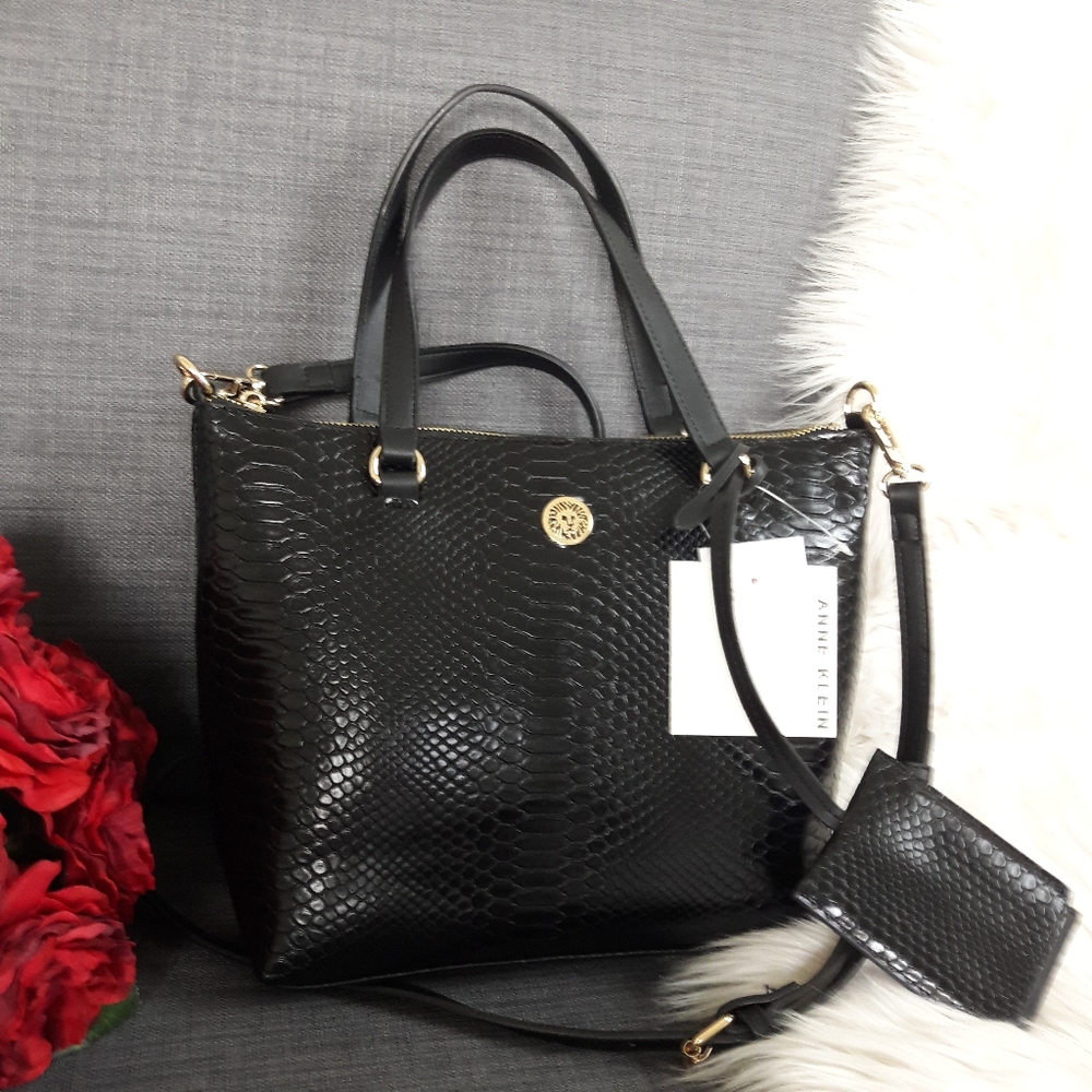NWT ANNE KLEIN SNAKE SATCHEL HANDBAG & CARDHOLDER - Picture 1 of 8